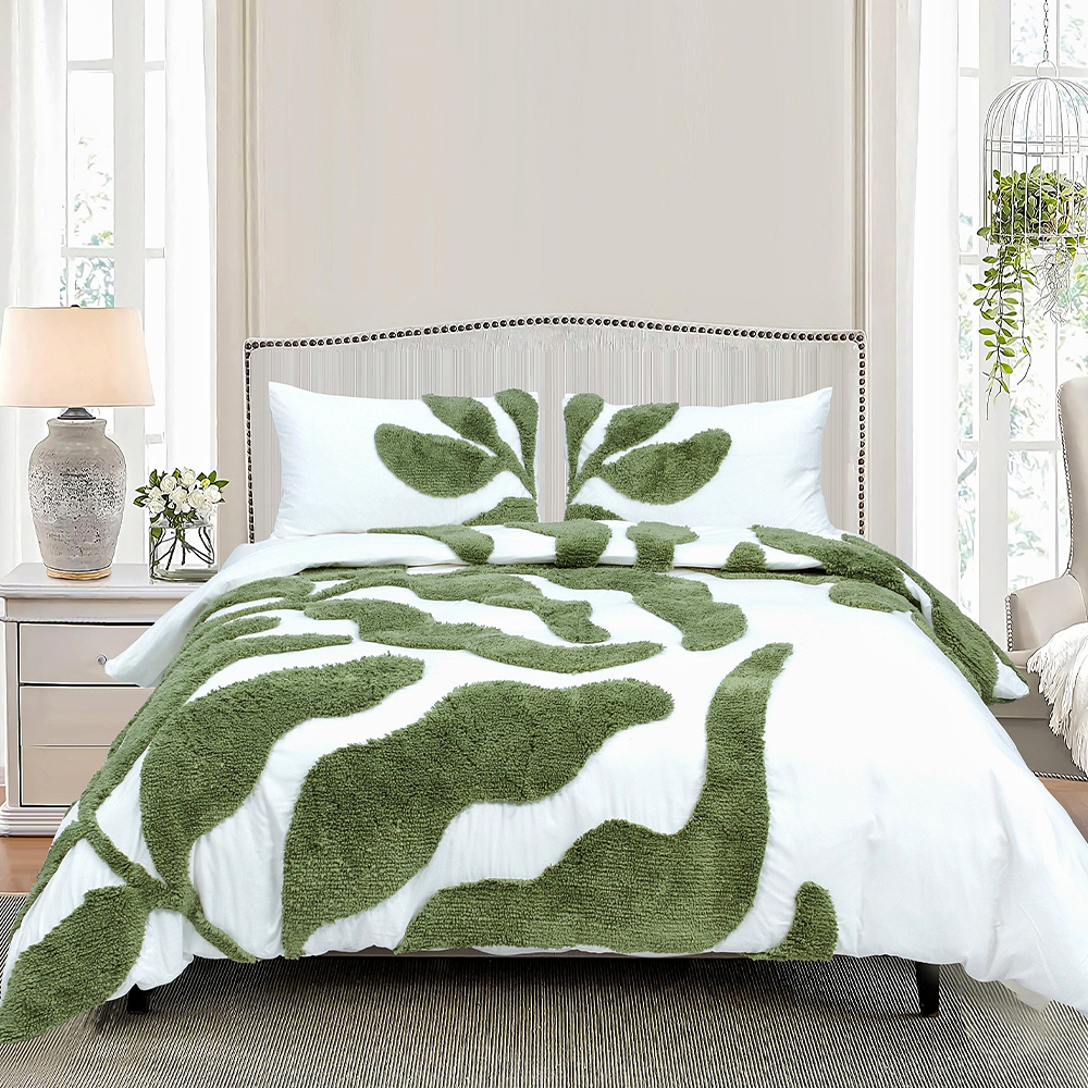 Belle Botanical Large Scale Leaf Tufted Chenille Embroidery Duvet Cover Quilt